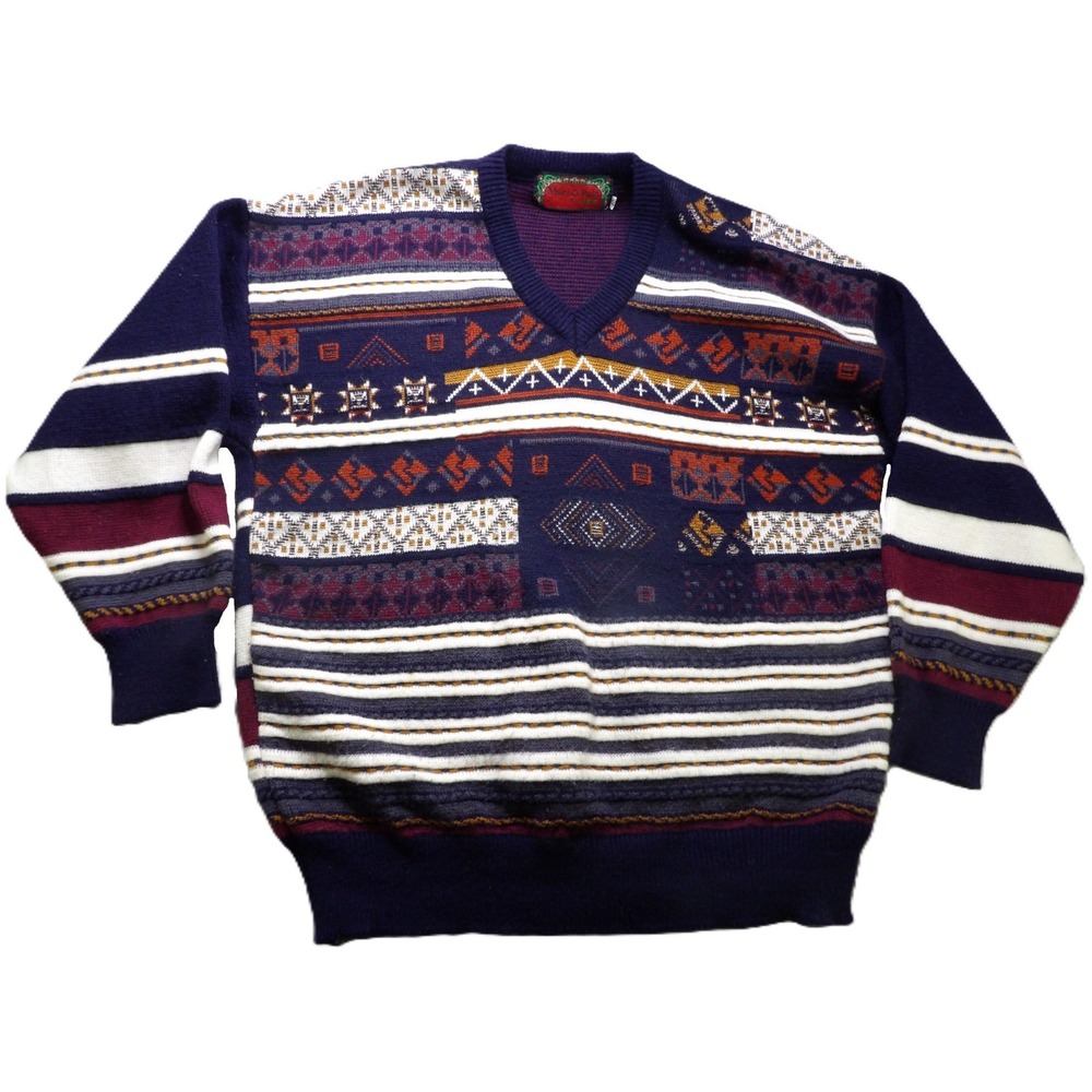VTG Marc O'Polo 80s V-Neck Geometric Sweater Men 40 Navy Multicolored Wool Knit